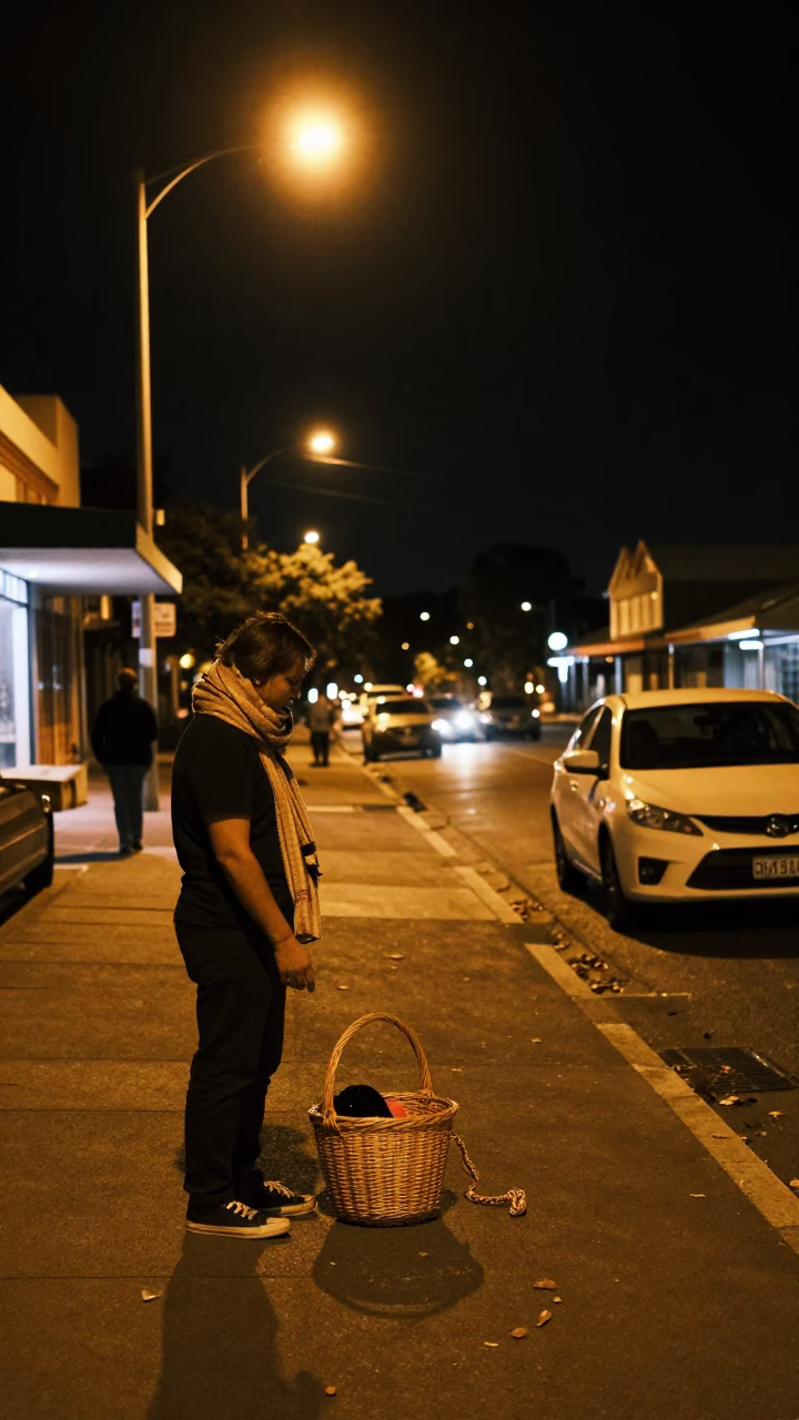 Late Night Perth Street Scene with Scarf and Basket Near Swan River in in Perth, Western Australia, Australia