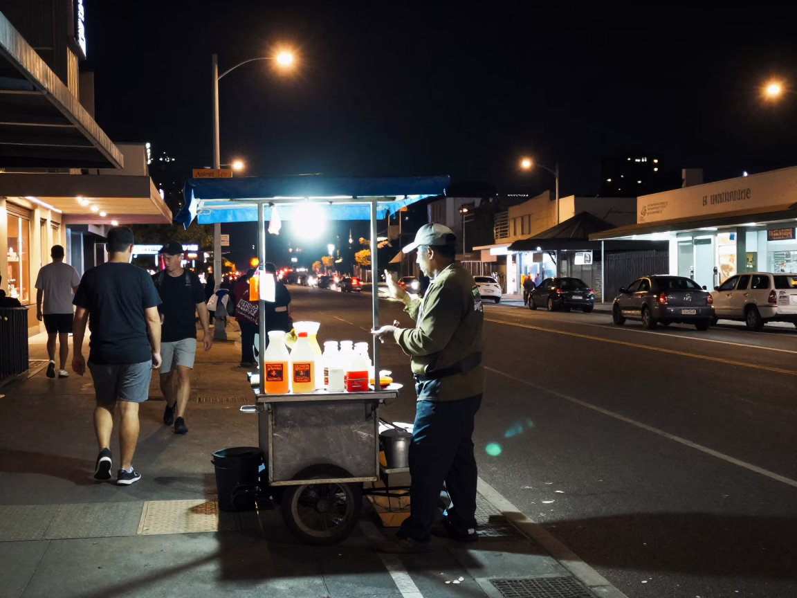 Late Night Perth Street Scene with Soap Bottle and Fern Fronds Under Neon Lights in in Perth, Western Australia, Australia