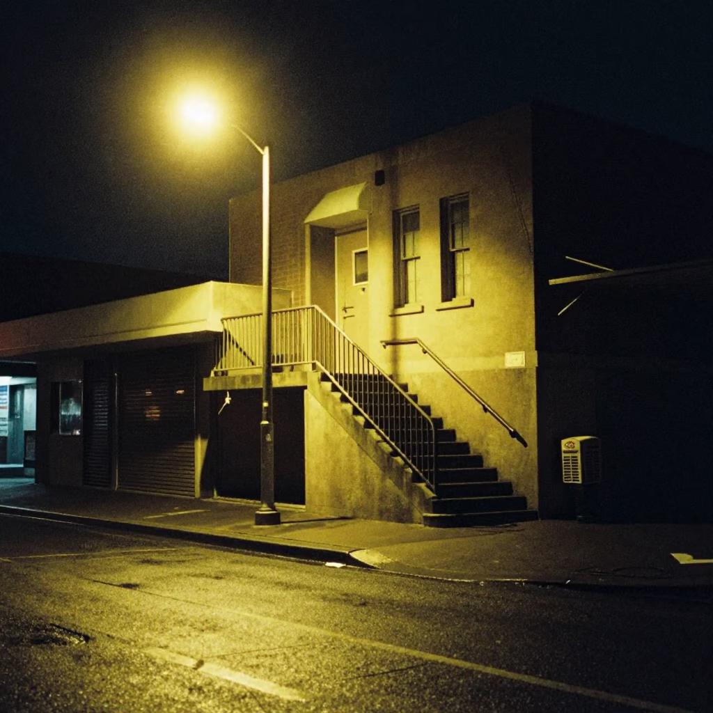 Late Night Perth Street Scene with Stair Rail and Salt Shaker on Table in in Perth, Western Australia, Australia