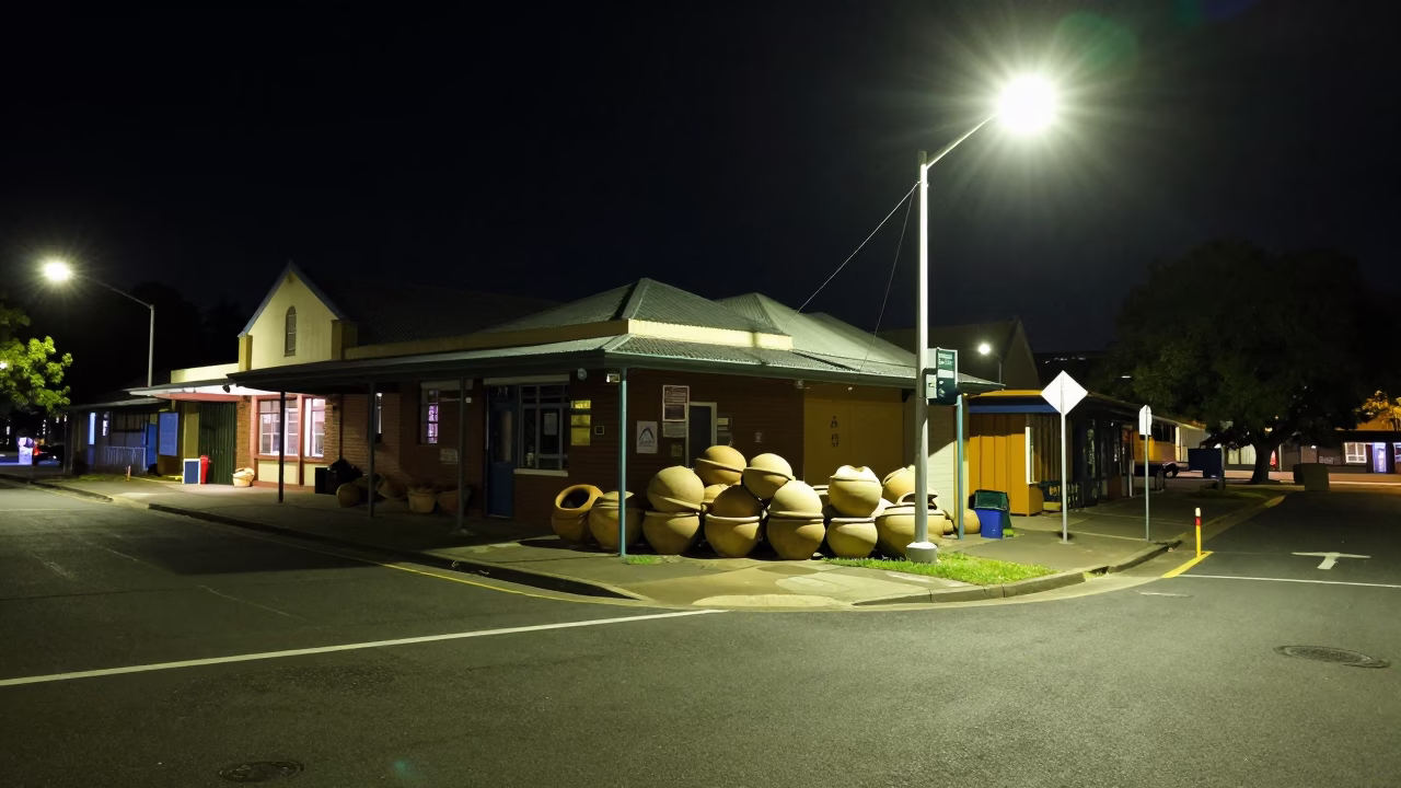 Late Night Perth Street Scene with Stoneware Crocks and Magazine Rack in Western Australia in in Perth, Western Australia, Australia