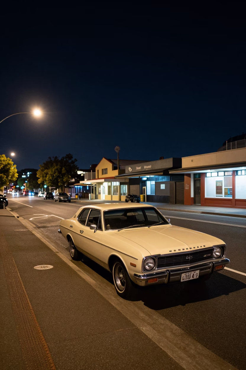 Late Night Perth Street Scene with Vintage 1970s Car and Streetlights in in Perth, Western Australia, Australia