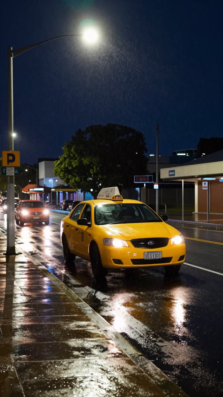 Late Night Perth Street Scene with Yellow Taxi and Scrap Basket in in Perth, Western Australia, Australia
