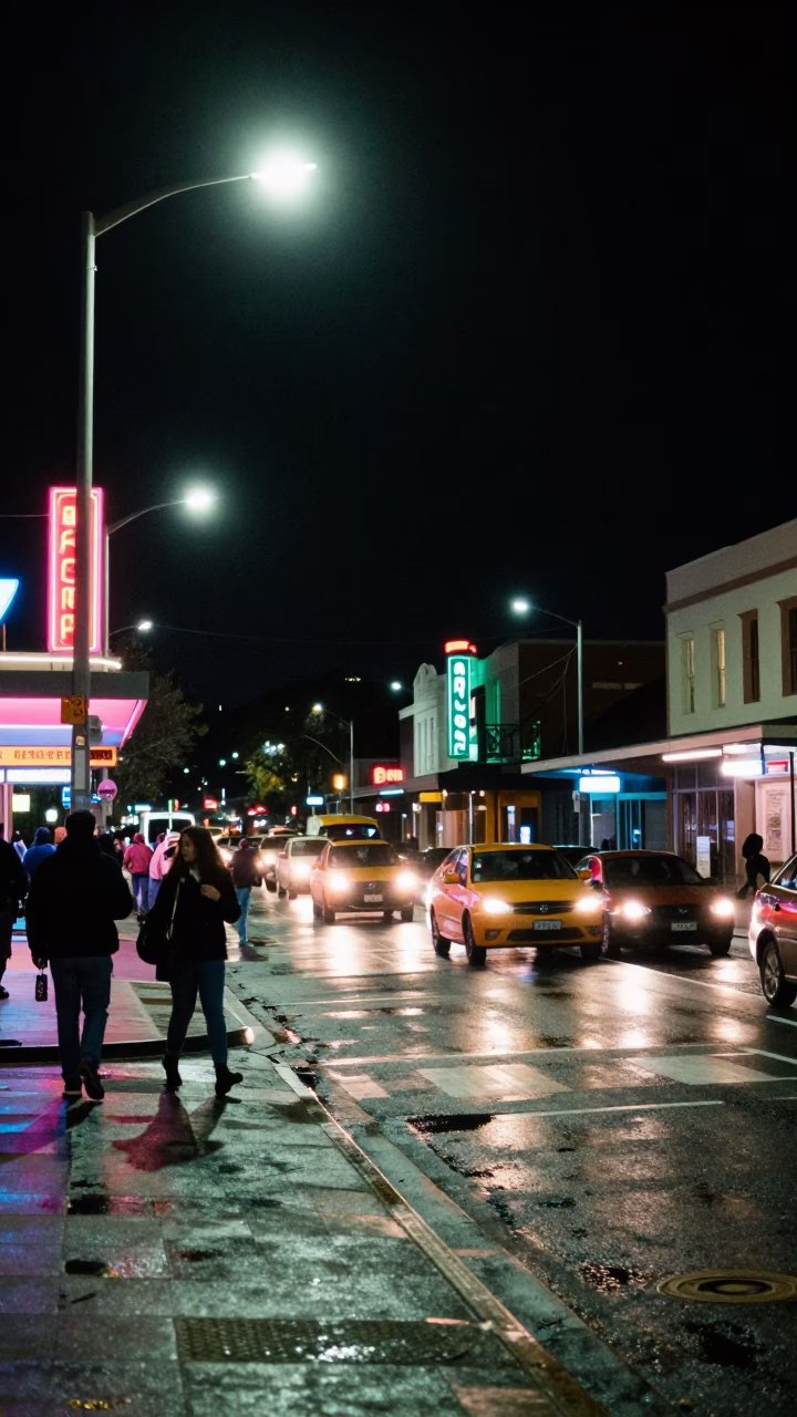 Late Night Perth Western Australia Street Scene with Neon Lights and Urban Details in in Perth, Western Australia, Australia