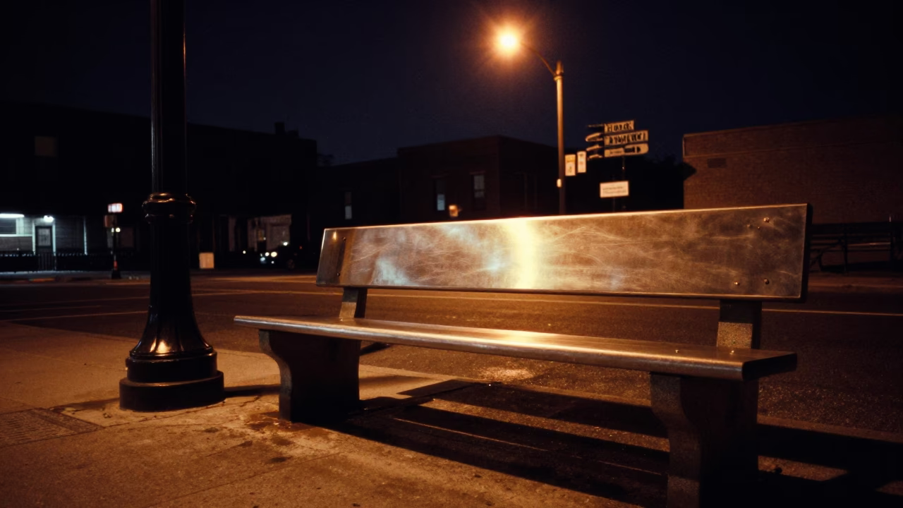 Late Night Philadelphia Street Corner with Bench and Urban Night Elements in in Philadelphia, Pennsylvania, United States