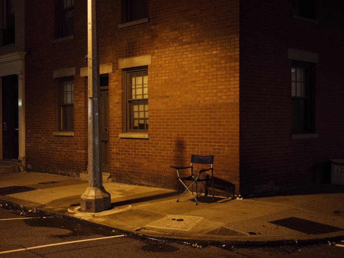 Late Night Philadelphia Street Corner with Folding Chair and Vintage Details in in Philadelphia, Pennsylvania, United States