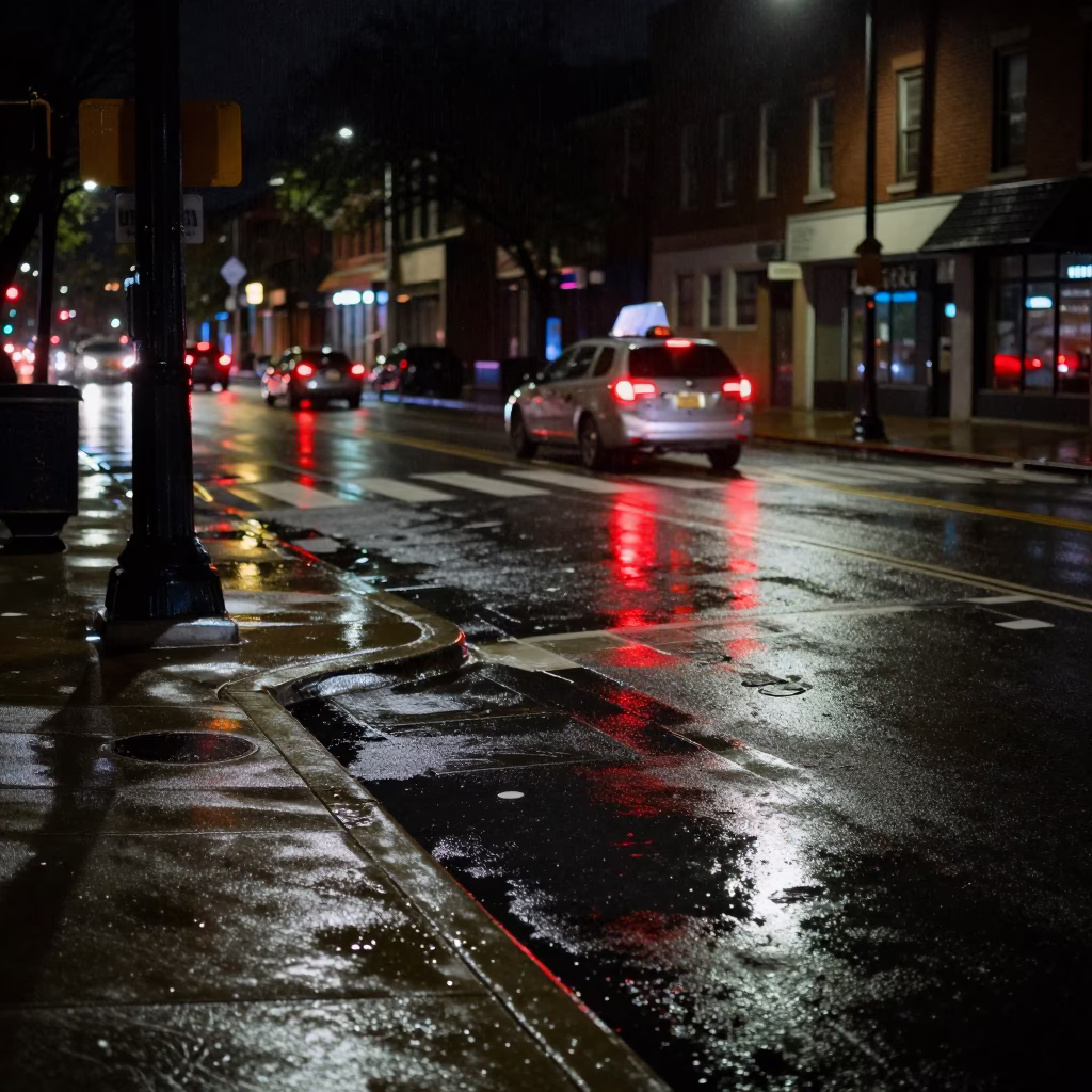 Late Night Philadelphia Street Corner with Grease Sheen and Urban Decay Details in in Philadelphia, Pennsylvania, United States