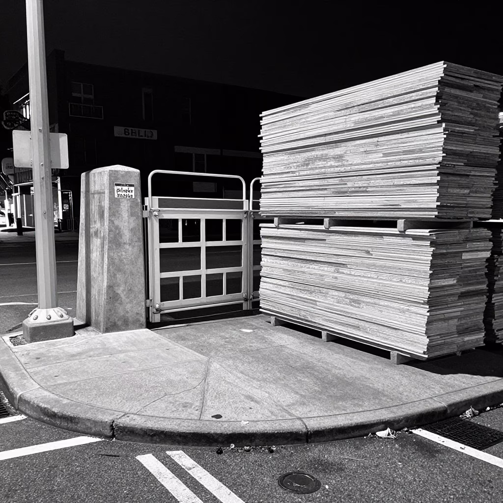 Late Night Philadelphia Street Corner with Levee Floodgate and Plywood Stacks in in Philadelphia, Pennsylvania, United States