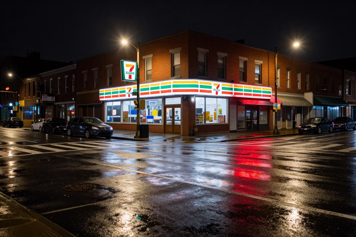 Late Night Philadelphia Street Corner with Neon Reflections and Urban Decay in in Philadelphia, Pennsylvania, United States
