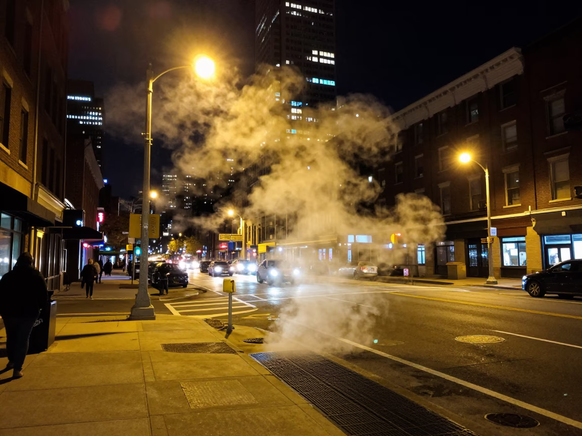 Late Night Philadelphia Street Corner with Steam and City Lights in in Philadelphia, Pennsylvania, United States