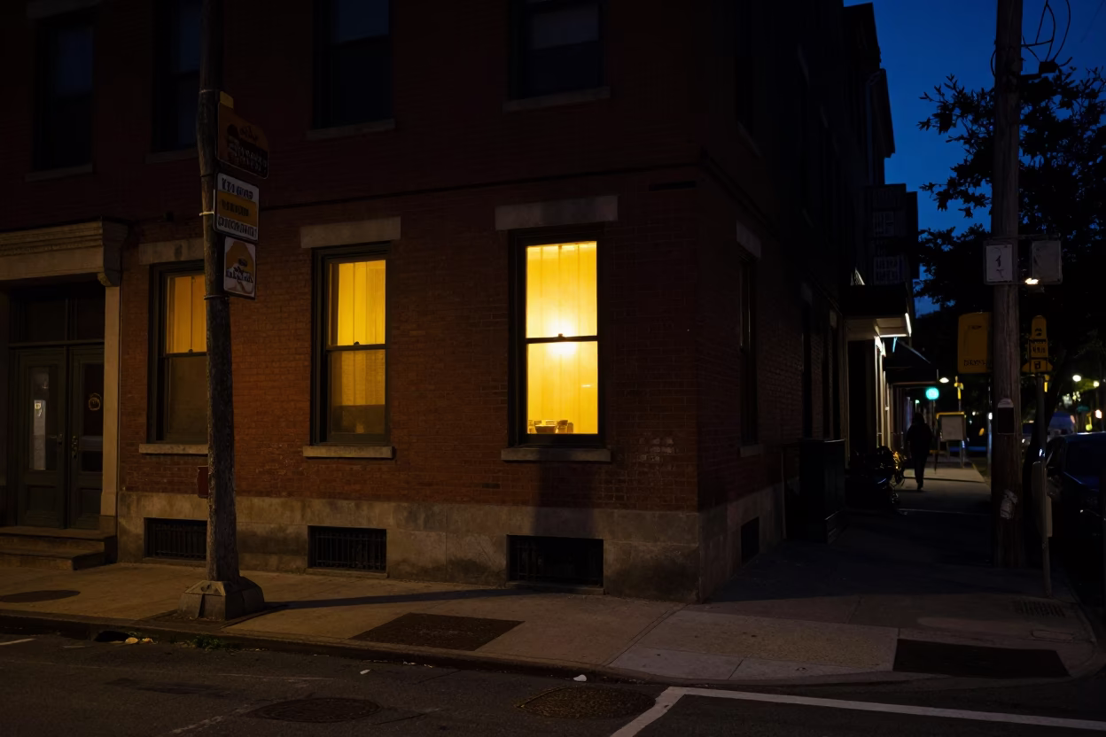 Late Night Philadelphia Street Corner with Window Light and Saucer Edge in in Philadelphia, Pennsylvania, United States
