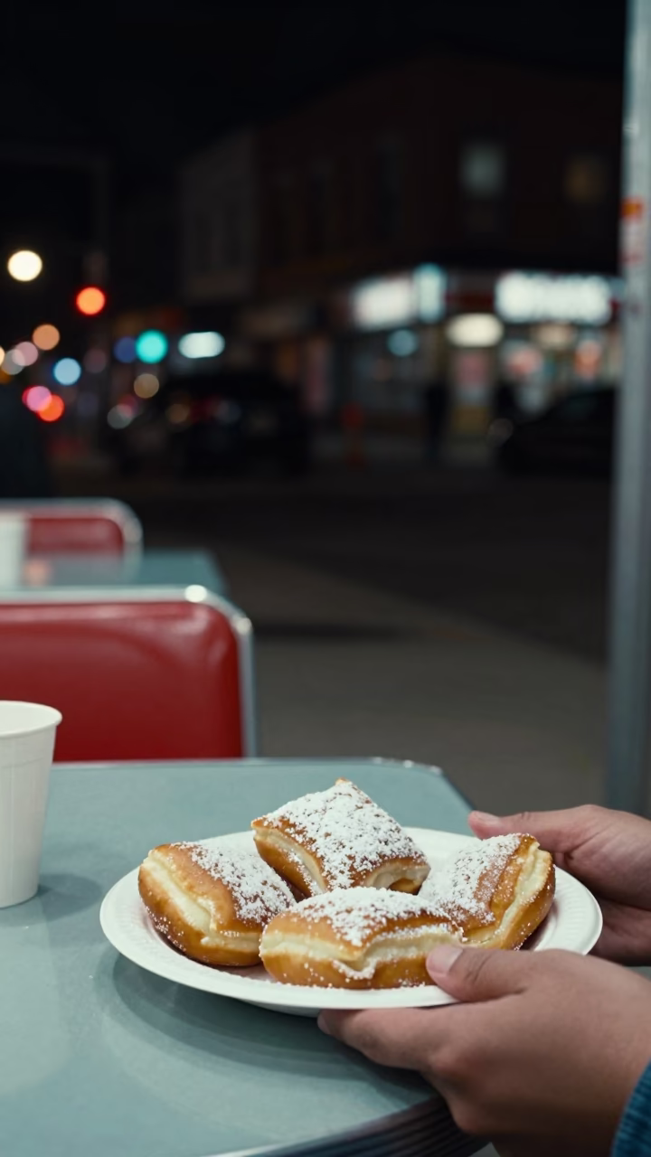 Late Night Philadelphia Street Scene with Beignets and Urban Architecture in in Philadelphia, Pennsylvania, United States