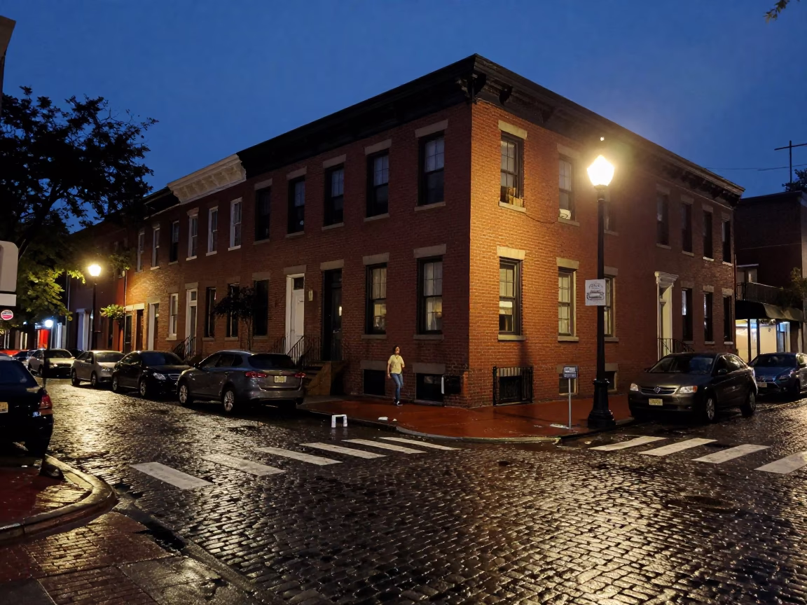 Late Night Philadelphia Street Scene with Brick Architecture and Urban Details at Midnight in in Philadelphia, Pennsylvania, United States