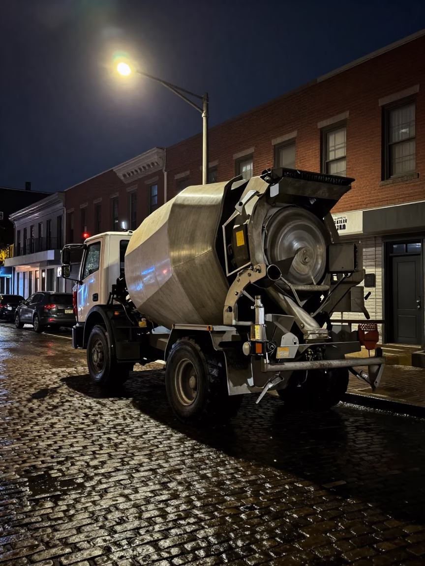 Late Night Philadelphia Street Scene with Cement Mixer and Bridge Pier Floodwater in in Philadelphia, Pennsylvania, United States
