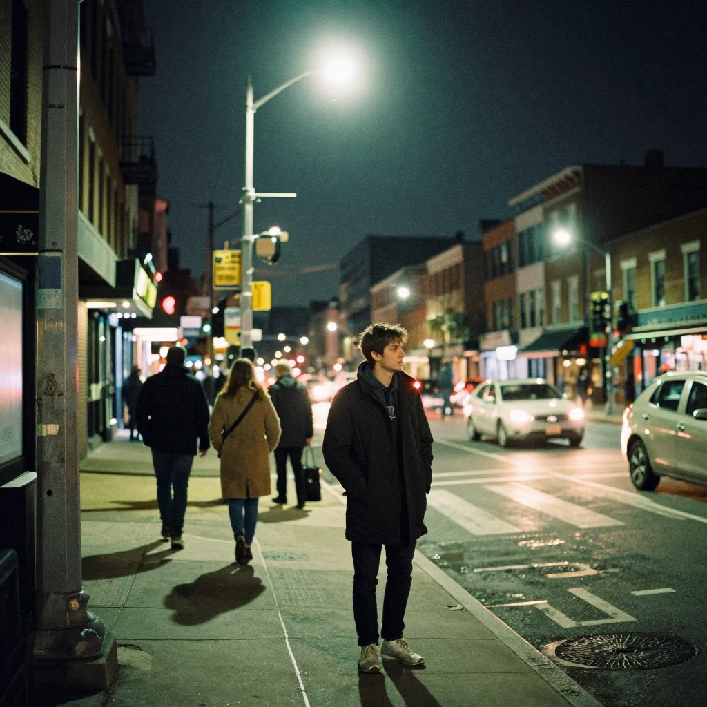 Late Night Philadelphia Street Scene with Coats and City Lights in in Philadelphia, Pennsylvania, United States