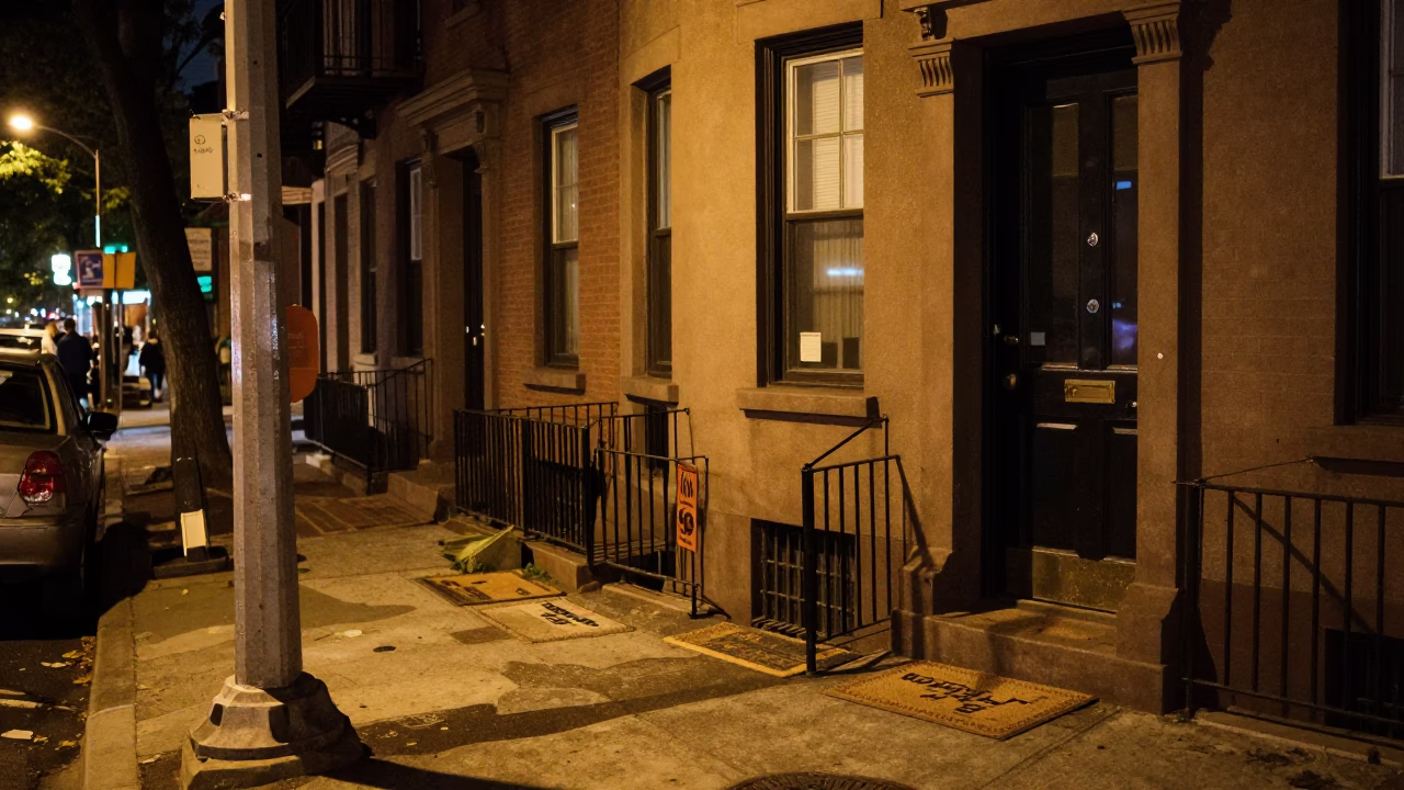 Late Night Philadelphia Street Scene with Door Mats and Urban Details in in Philadelphia, Pennsylvania, United States