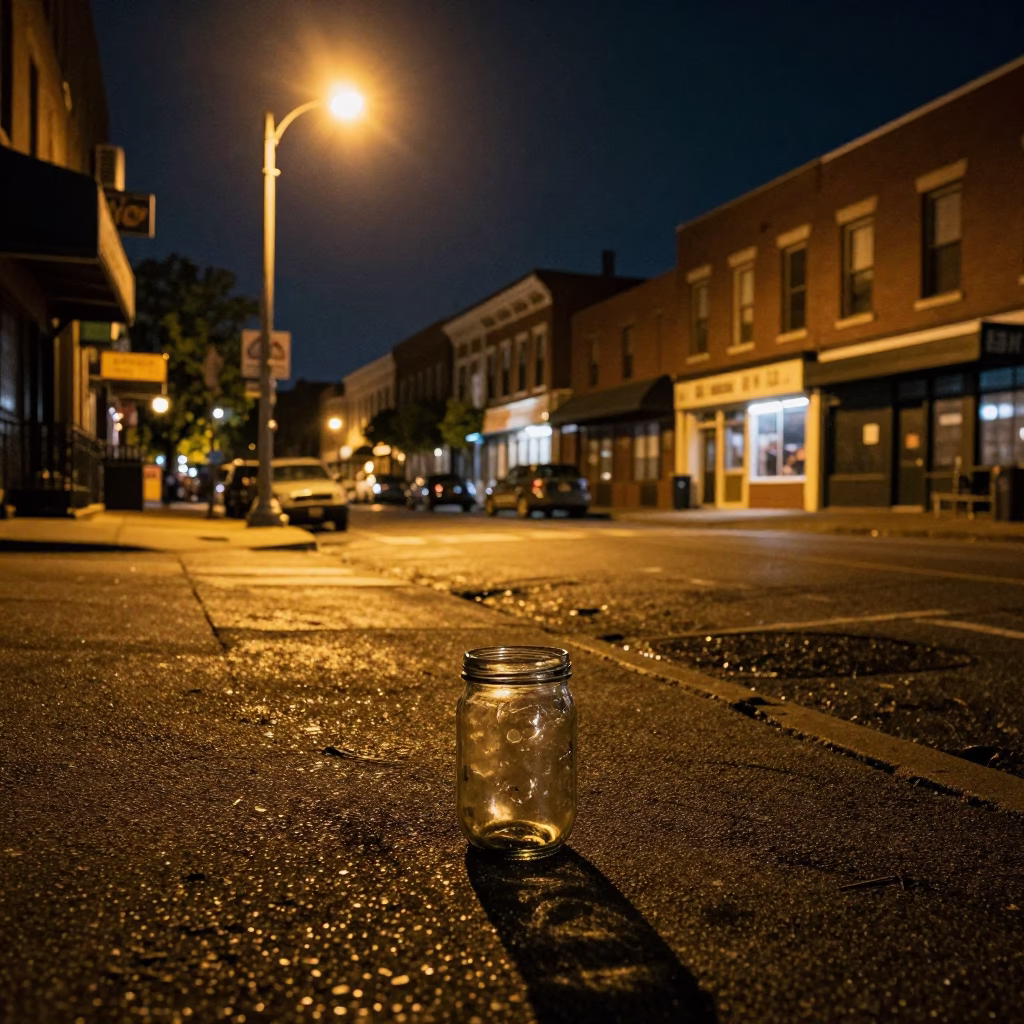 Late Night Philadelphia Street Scene with Glass Jar and Urban Concrete Architecture in in Philadelphia, Pennsylvania, United States