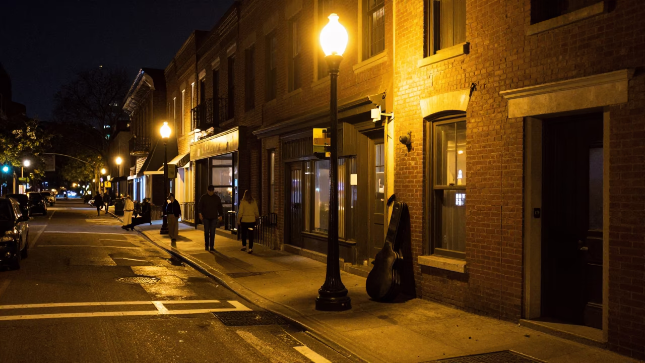 Late Night Philadelphia Street Scene with Guitar Case and Urban Details in in Philadelphia, Pennsylvania, United States