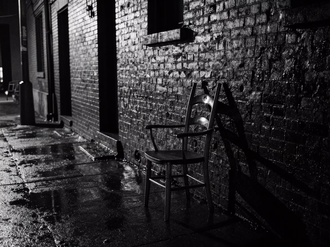 Late Night Philadelphia Street Scene with Ladder-Back Chair and Faded Championship Photos in in Philadelphia, Pennsylvania, United States