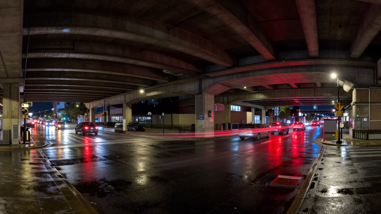 Late Night Philadelphia Street Scene with Overpass Interchange Taillights and Rain in in Philadelphia, Pennsylvania, United States