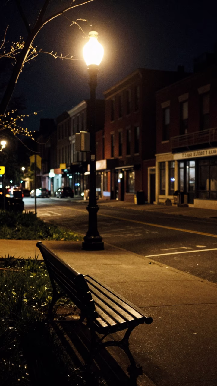 Late Night Philadelphia Street Scene with Park Bench and Urban Night Life in in Philadelphia, Pennsylvania, United States