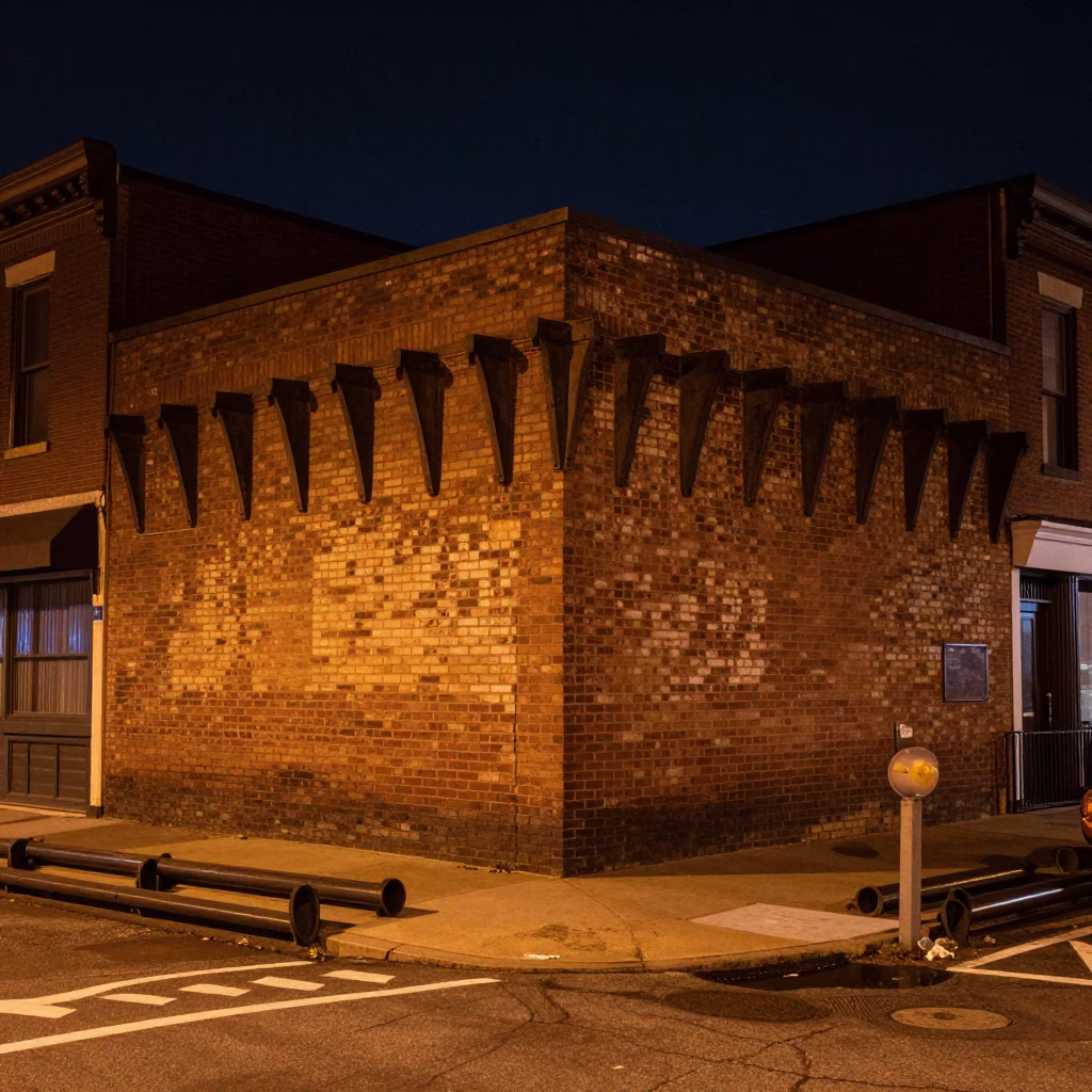 Late Night Philadelphia Street Scene with Peg Rails and Urban Decay in in Philadelphia, Pennsylvania, United States