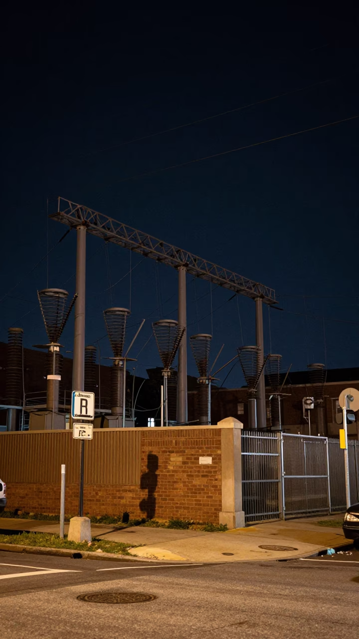 Late Night Philadelphia Street Scene with Power Substation Lattice and Urban Rust Details in in Philadelphia, Pennsylvania, United States