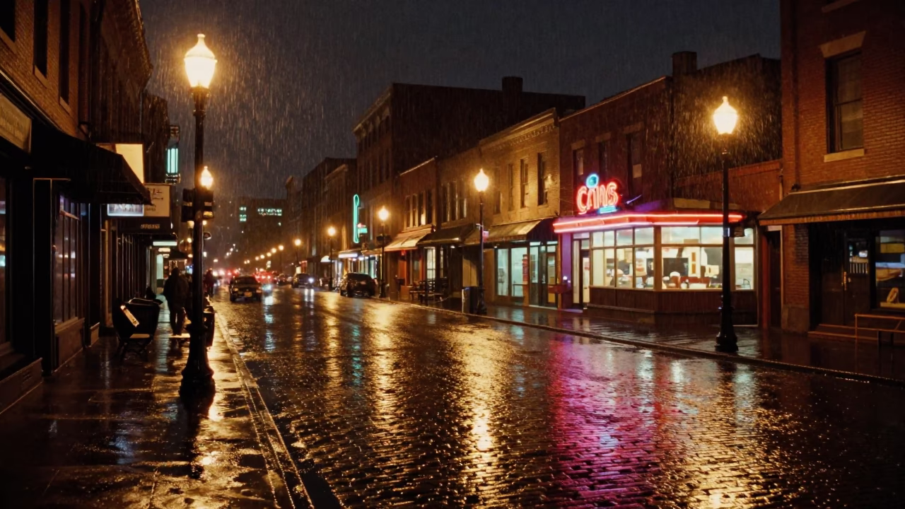 Late Night Philadelphia Street Scene with Rain and Neon Reflections in in Philadelphia, Pennsylvania, United States