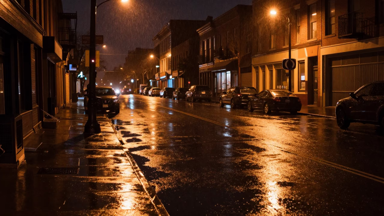 Late Night Philadelphia Street Scene with Rain Puddles and Industrial Infrastructure in in Philadelphia, Pennsylvania, United States