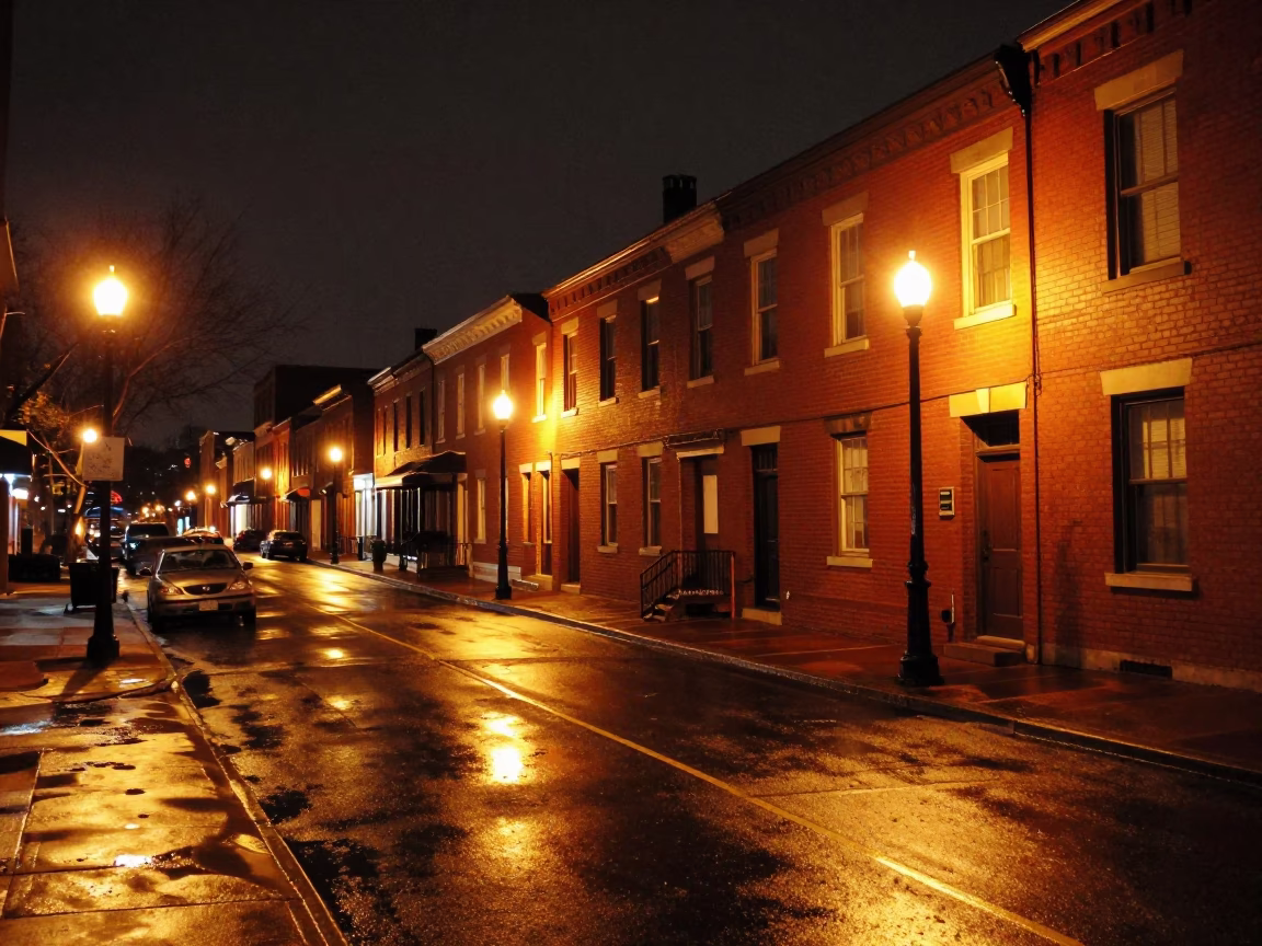 Late Night Philadelphia Street Scene with Red Brick Row Houses and Wet Pavement Reflections in in Philadelphia, Pennsylvania, United States