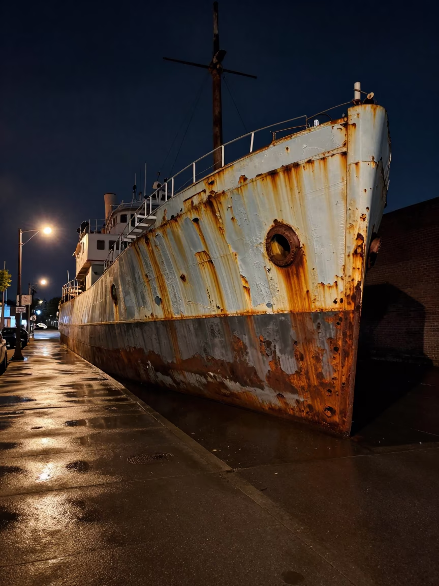 Late Night Philadelphia Street Scene with Rusting Ship Hull and Fruit Crate in in Philadelphia, Pennsylvania, United States