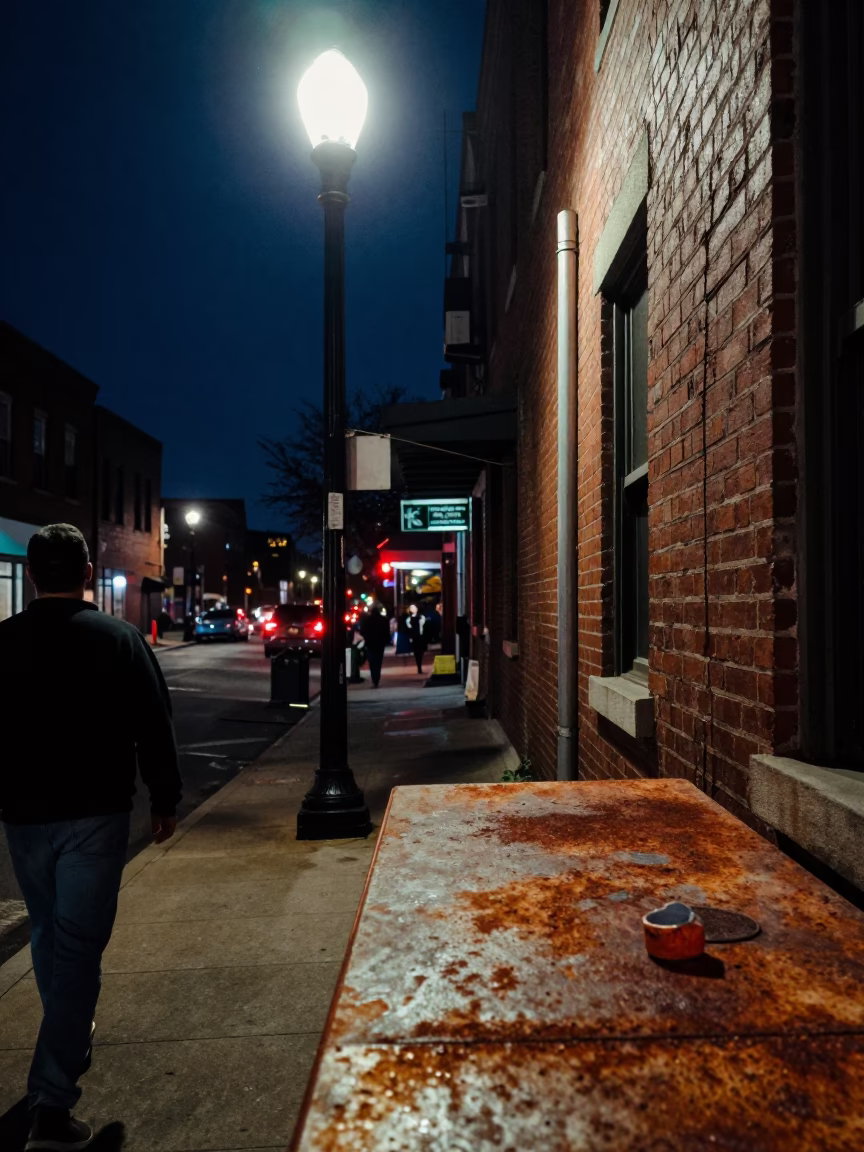 Late Night Philadelphia Street Scene with Rusty Countertop and Window Fan in in Philadelphia, Pennsylvania, United States