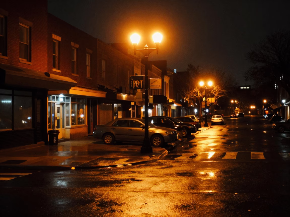 Late Night Philadelphia Street Scene with Sodium Lights and Urban Details in in Philadelphia, Pennsylvania, United States