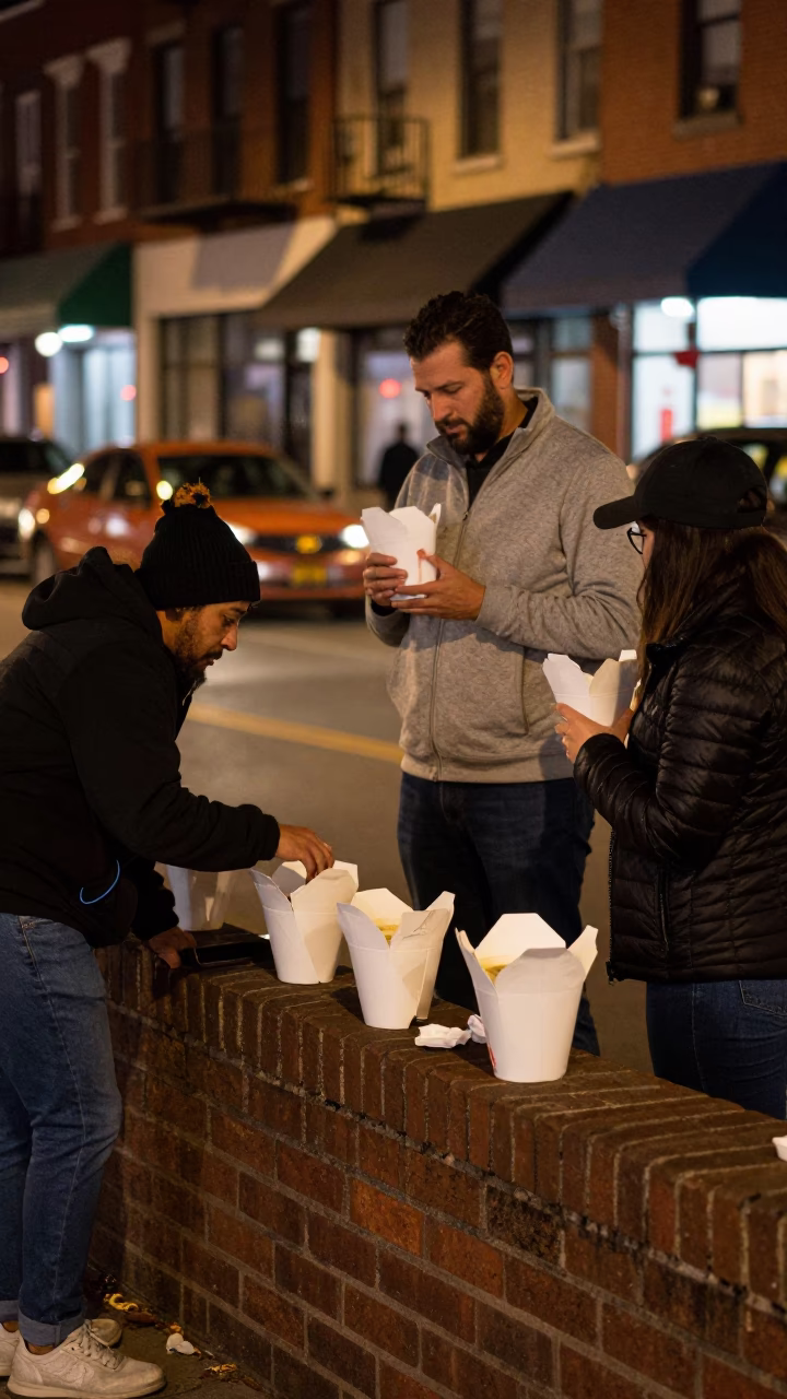 Late Night Philadelphia Street Scene with Soup Bowls and Neon Reflections in in Philadelphia, Pennsylvania, United States