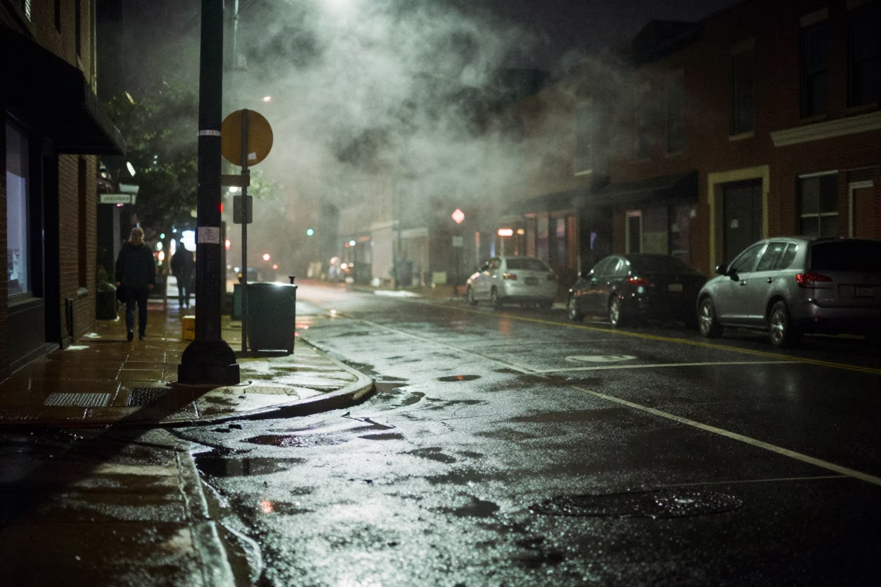 Late Night Philadelphia Street Scene with Steam Haze and Urban Architecture in in Philadelphia, Pennsylvania, United States