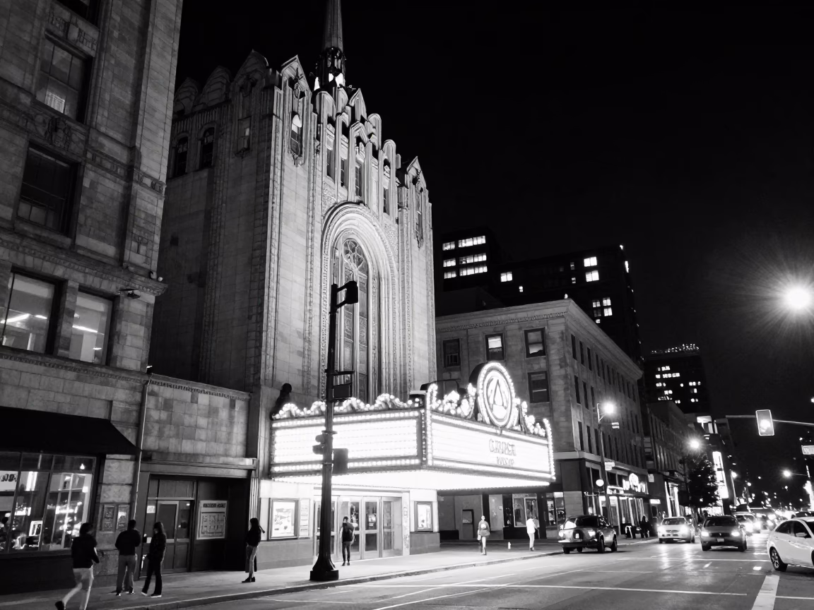 Late Night Philadelphia Street Scene with Vintage Art Deco Cinema Facade and Neon Reflections in in Philadelphia, Pennsylvania, United States