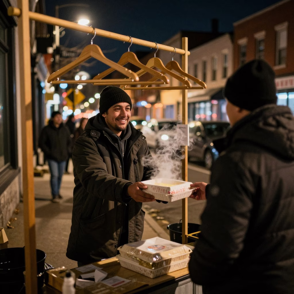 Late Night Philadelphia Street Scene with Wooden Hanger and Condensation on Tray in in Philadelphia, Pennsylvania, United States