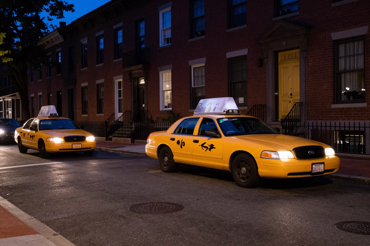 Late Night Philadelphia Street Scene with Yellow Taxi and Brick Row Houses in in Philadelphia, Pennsylvania, United States