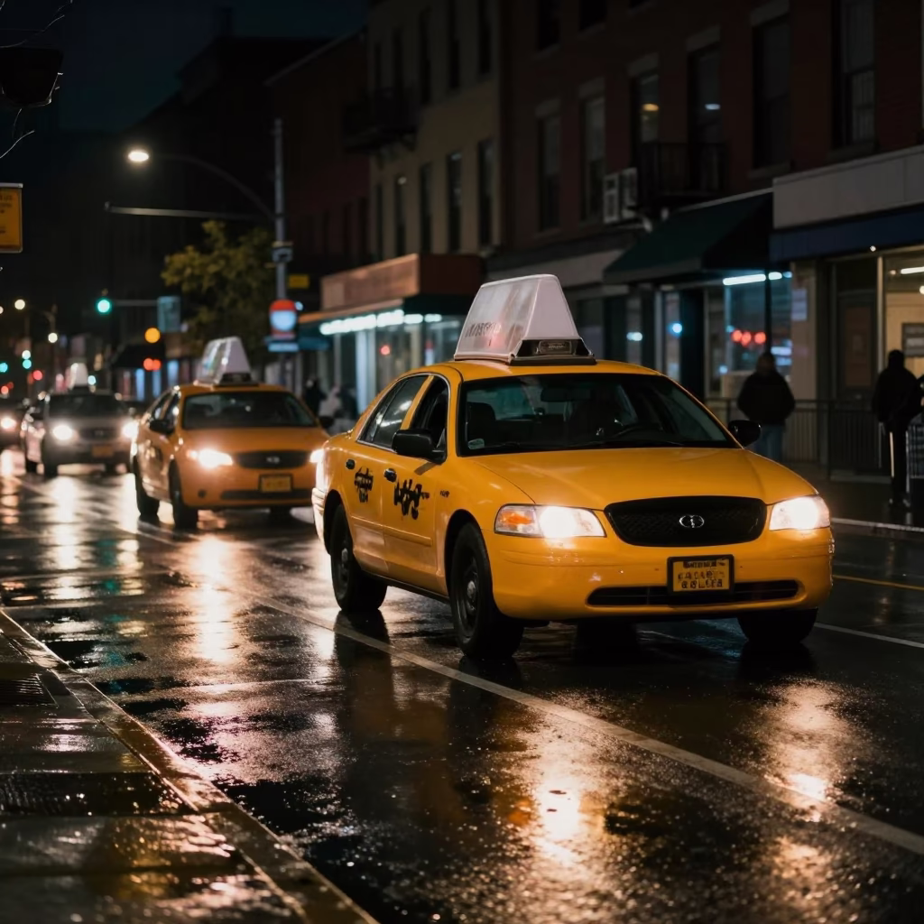 Late Night Philadelphia Street Scene with Yellow Taxi and Magnolia Tree in in Philadelphia, Pennsylvania, United States