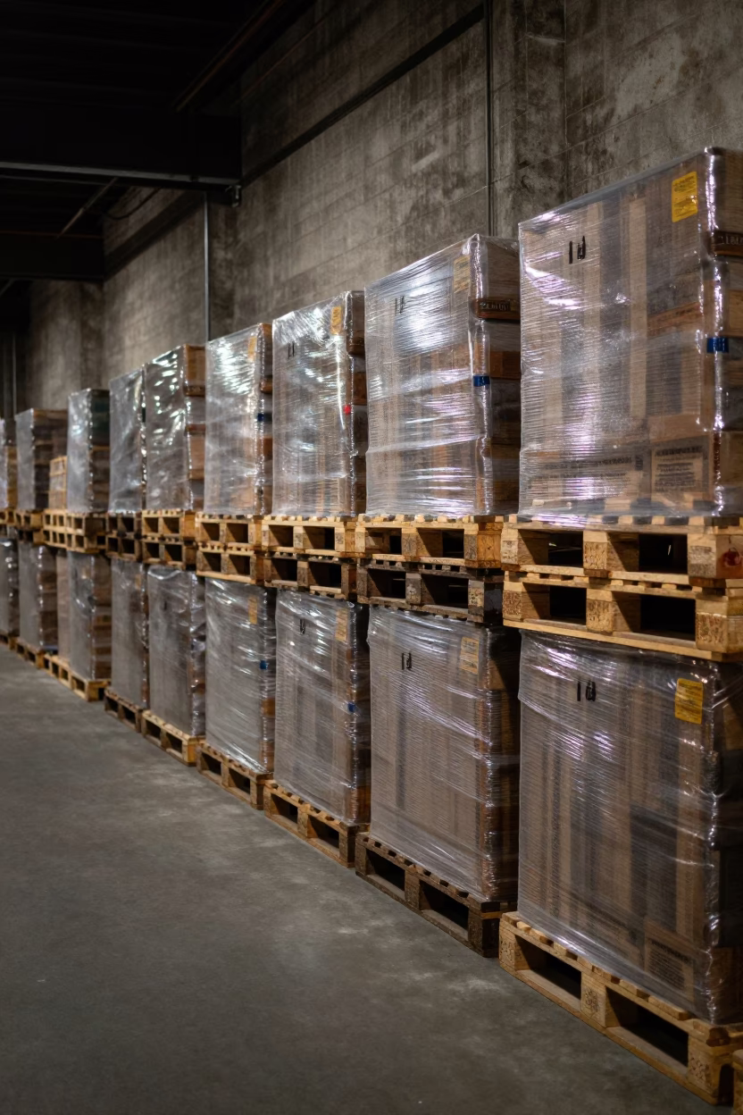 Late Night Philadelphia Warehouse Aisle with Stacked Pallets and Tea Stains in in Philadelphia, Pennsylvania, United States