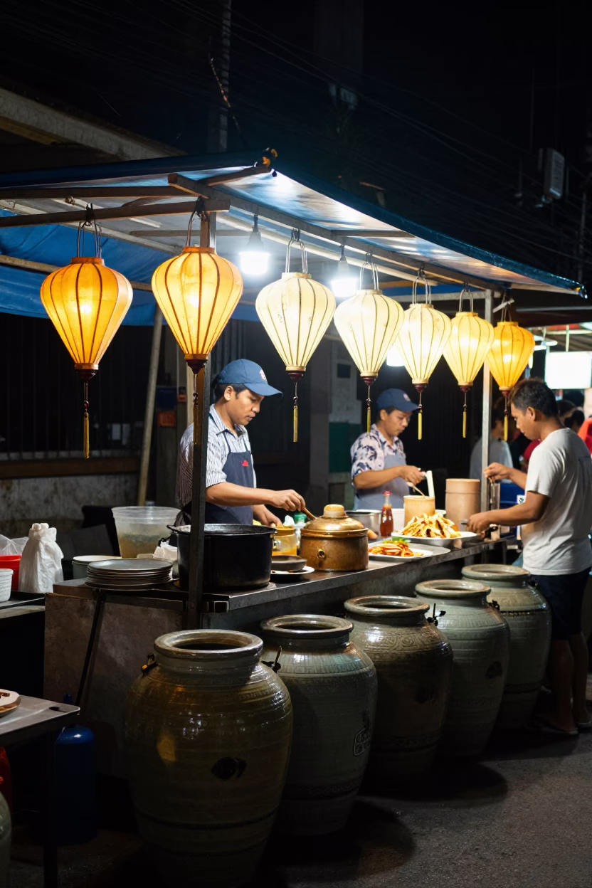 Late Night Phnom Penh Street Food Stall with Lanterns and Porcelain Jars in in Phnom Penh, Cambodia
