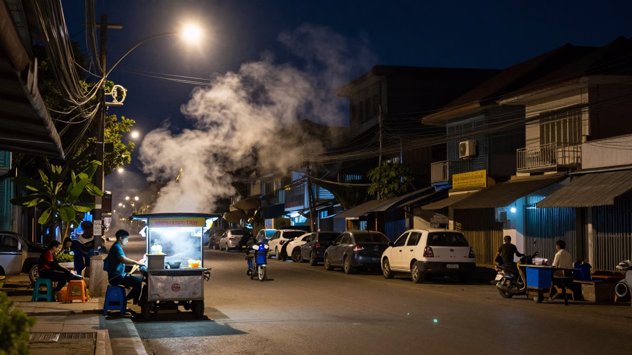 Late Night Phnom Penh Street Scene with Steam and Urban Reflections in in Phnom Penh, Cambodia