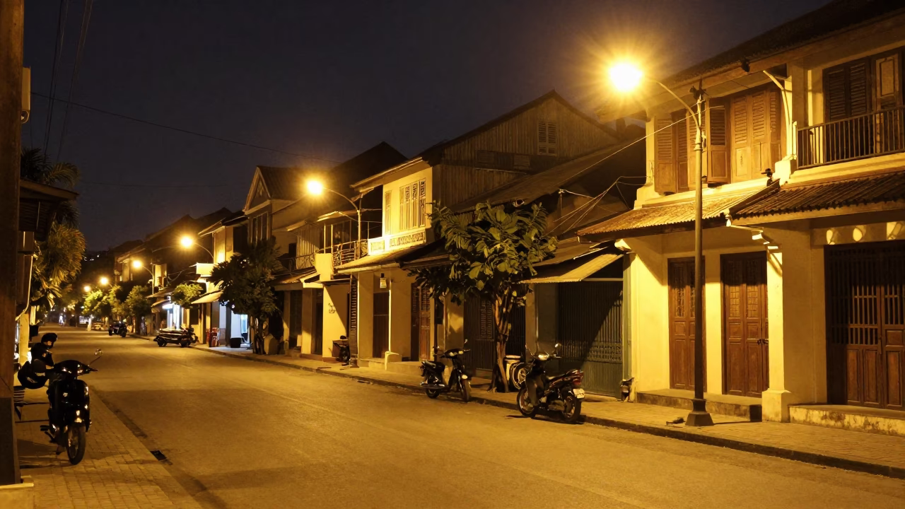 Late Night Phnom Penh Street Scene with Vintage 1950s Aesthetic and Local Life in in Phnom Penh, Cambodia