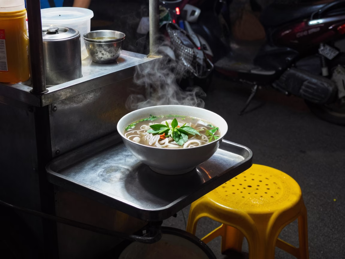 Late Night Pho Tai Street Food Stall in Hanoi Vietnam with Basil and Lime in in Hanoi, Vietnam