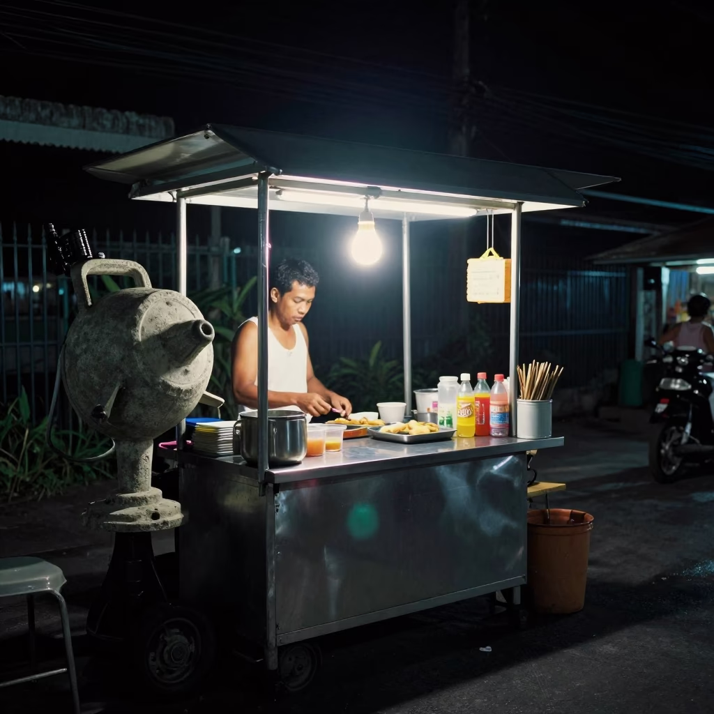 Late Night Phuket Street Food Stall with Cement Mixer and Rattan Chair in in Phuket, Thailand