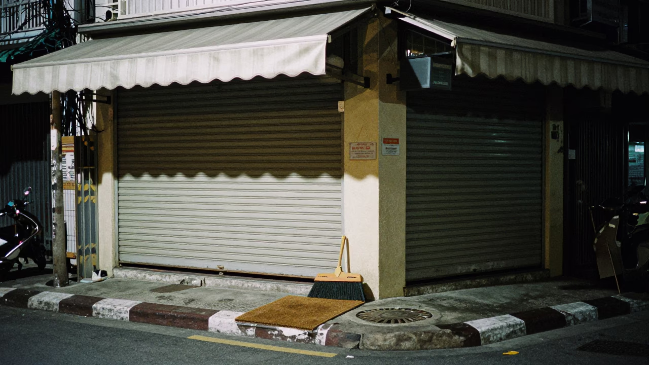 Late Night Phuket Street Scene with Broom and Doormat Outside Closed Shop in in Phuket, Thailand