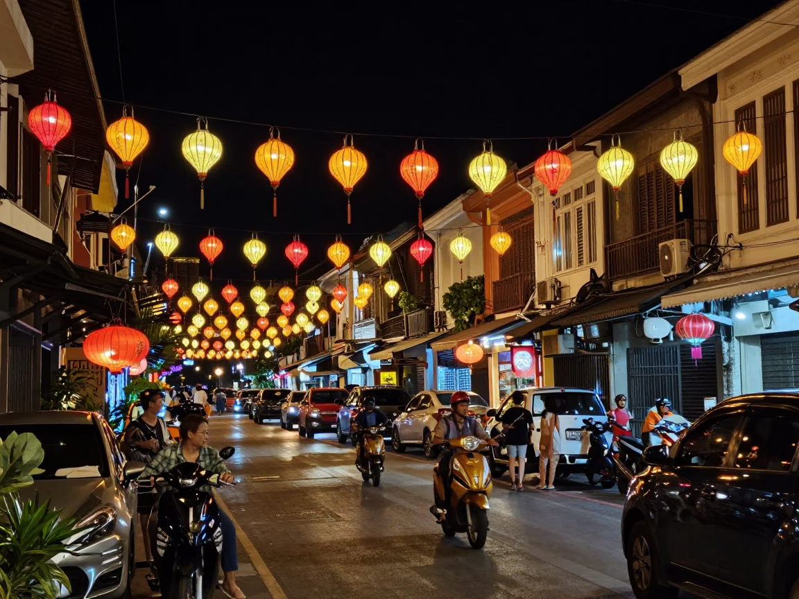 Late Night Phuket Street Scene with Lanterns and Street Food Vendors in in Phuket, Thailand