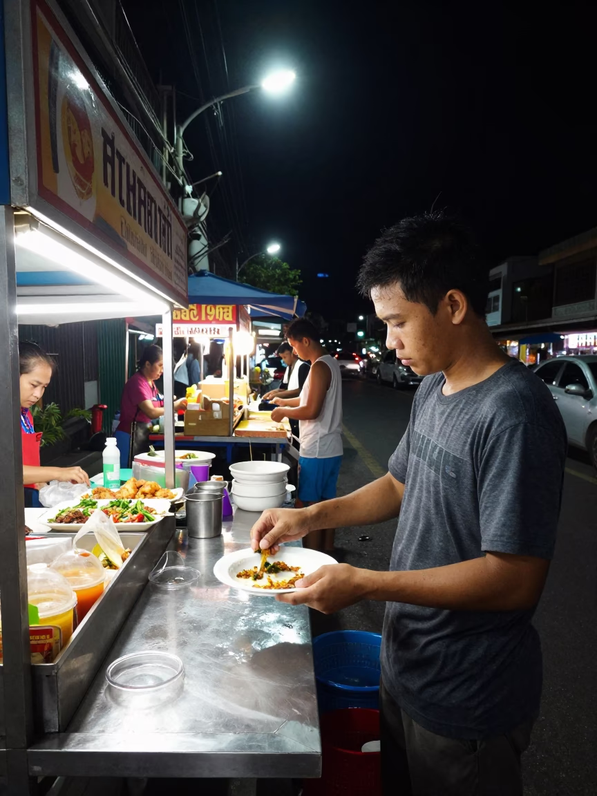 Late Night Phuket Street Scene with Local Food Vendor and Night Market Atmosphere in in Phuket, Thailand