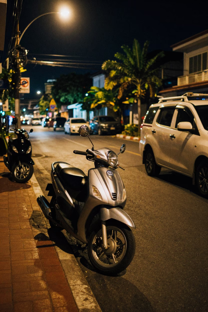 Late Night Phuket Street Scene with Scooter and Tropical Houseplant in in Phuket, Thailand