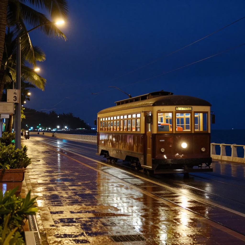 Late Night Phuket Street Scene with Vintage Tram and Coastal Rain Reflections in in Phuket, Thailand