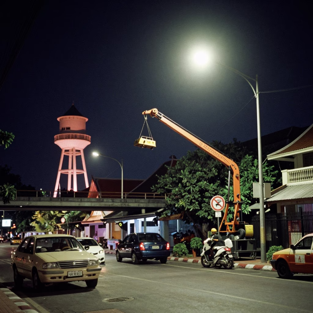 Late Night Phuket Street Scene with Water Tower and Bridge Maintenance Cradle in in Phuket, Thailand